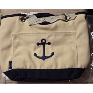 Thirty-One Retired Canvas Crew Mini Thermal Bag Natural Navy Anchor Embroidered